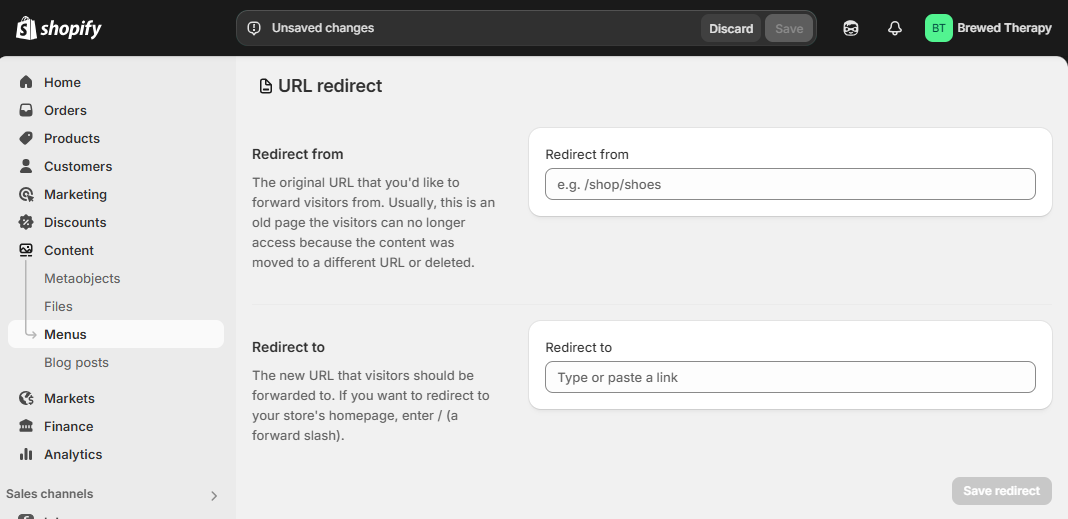 Url redirect on Shopify's dashboard
