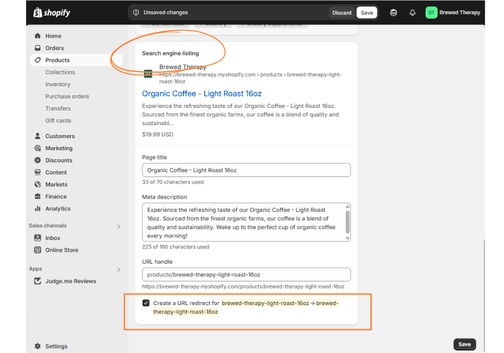 Url redirect on Shopify's product pages