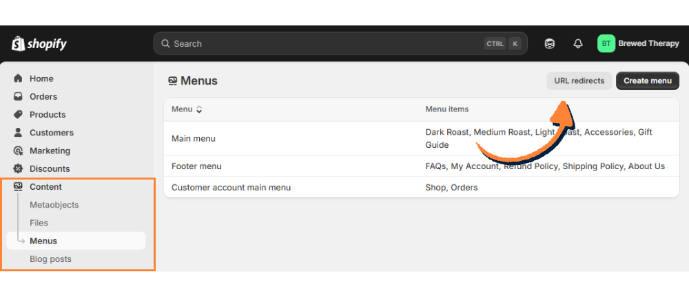 Url redirect on Shopify's dashboard
