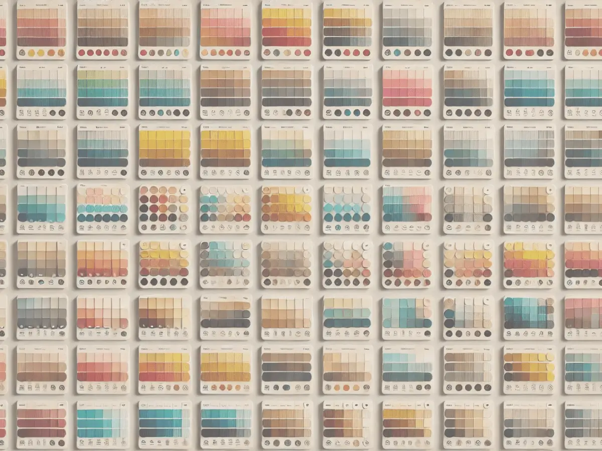 A set of various color palettes displayed as an artistic layout, featuring harmonious combinations of colors like warm tones, cool tones, pastel shades, and bold contrasting hues.