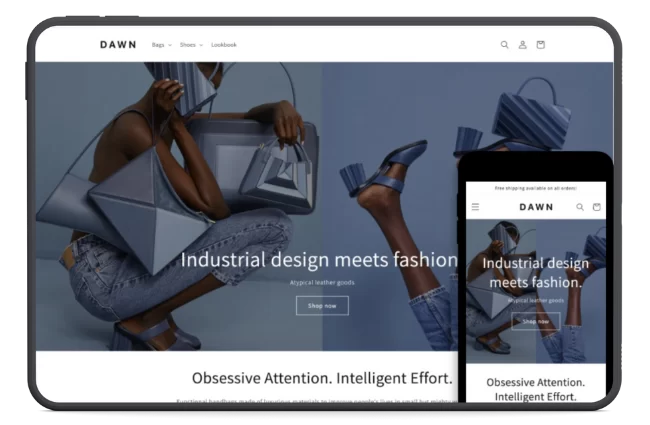 Dawn Shopify theme demo showcasing a fashion store, highlighting clean design and mobile responsiveness for small business online shops. Popular free Shopify theme.