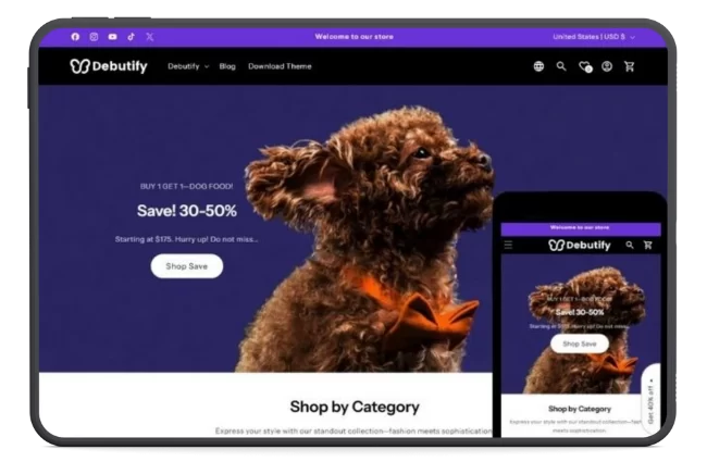 Debutify Shopify theme demo for a pet supply store featuring a poodle and a "buy 1 get 1" offer, demonstrating conversion-focused design for small business ecommerce.