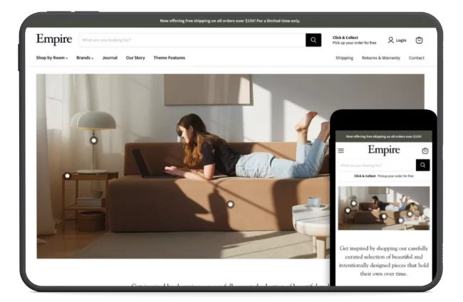 Empire Shopify theme demo displaying a furniture and home decor store, showing a woman on a couch using a laptop. Ideal for large catalogs ecommerce stores.