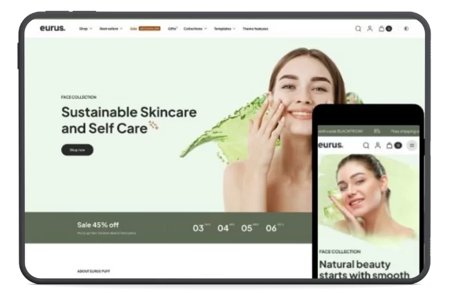 Eurus Shopify theme demo for a skincare and beauty website, featuring a woman applying product. Optimized for visual branding and online cosmetics sales for small businesses.