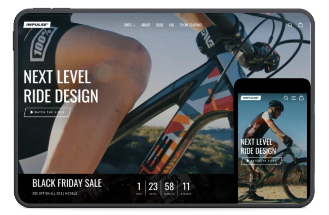 Impulse Shopify theme demo for an outdoor gear and bicycle shop, showing a cyclist. Features dynamic promotions and is ideal for active lifestyle small ecommerce shops.
