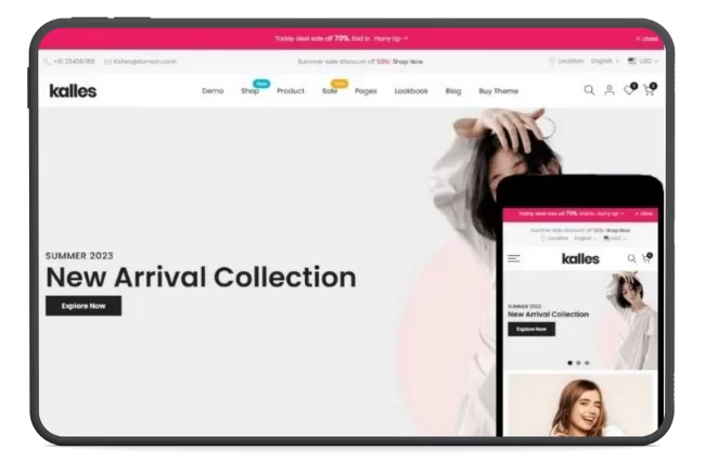 Kalles Shopify theme demo featuring a fashion and apparel store homepage. Showcases versatile design for modern online boutiques and small fashion businesses.