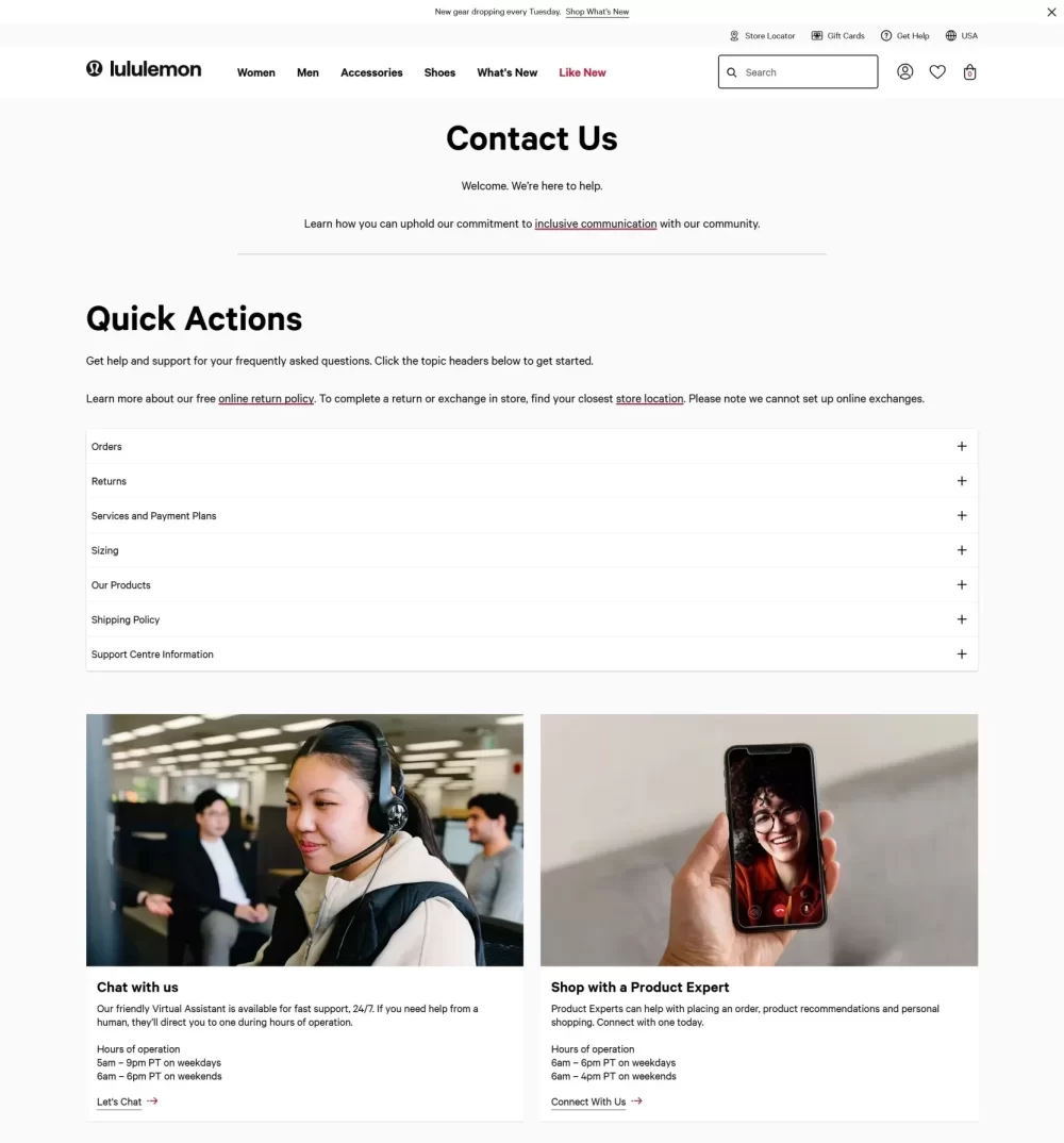 Lululemon Contact Us website page