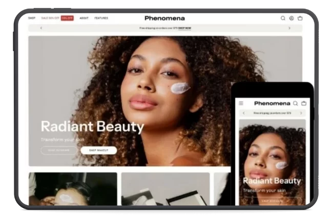 Palo Alto Shopify theme demo for a beauty brand showcasing radiant skincare. Emphasizes editorial content and luxury product presentation for small business websites.