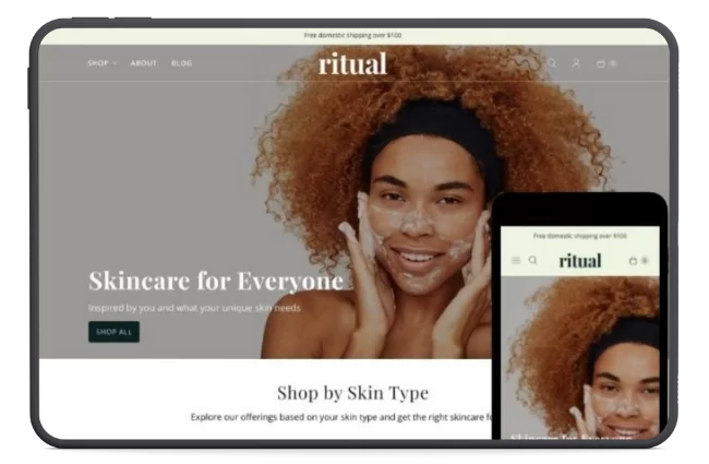 Retina Shopify theme demo for a skincare brand. Highlights elegant visual design for small business online stores.